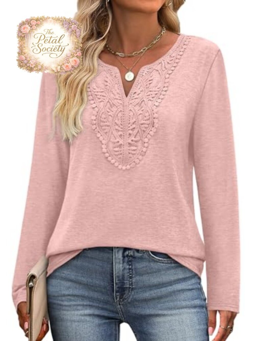 Women's Boho Lace Front V-Neck Long Sleeve Tunic Top Casual Blouse